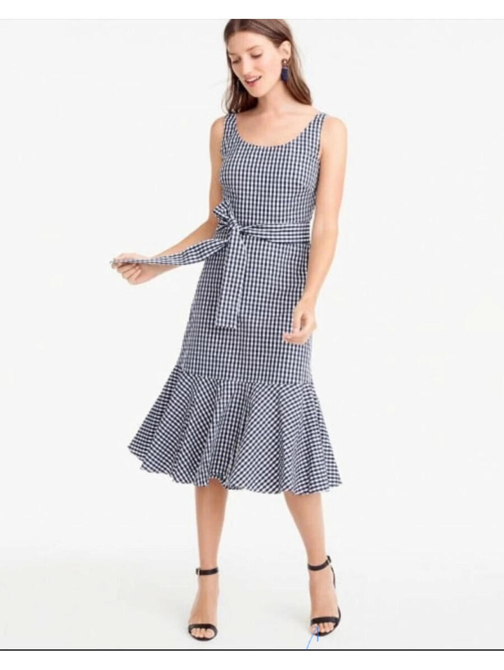 J. Crew Navy Gingham Plaid Fit & Flare Ruffle Midi Dress Size 8 NWOT Cottagecore - Picture 2 of 9